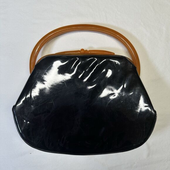 Vintage Lewis Black Patent Handbag w/ Amber Lucite Handle & Frame, Mid-Century - Picture 1 of 6
